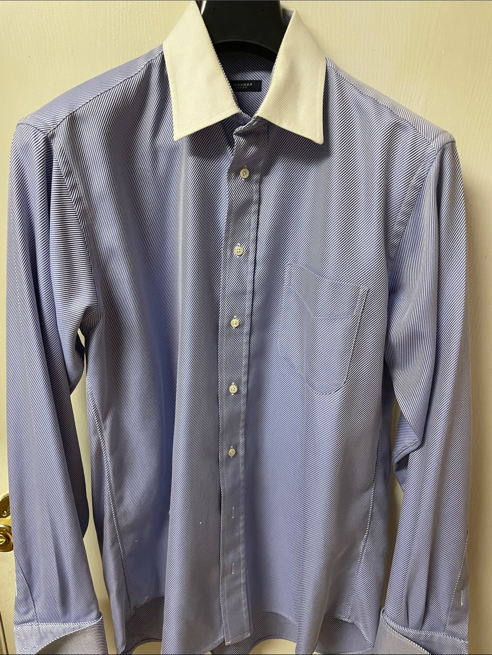 Burberry Blue Pinstripe Dress Shirt with White Contrast Collar
